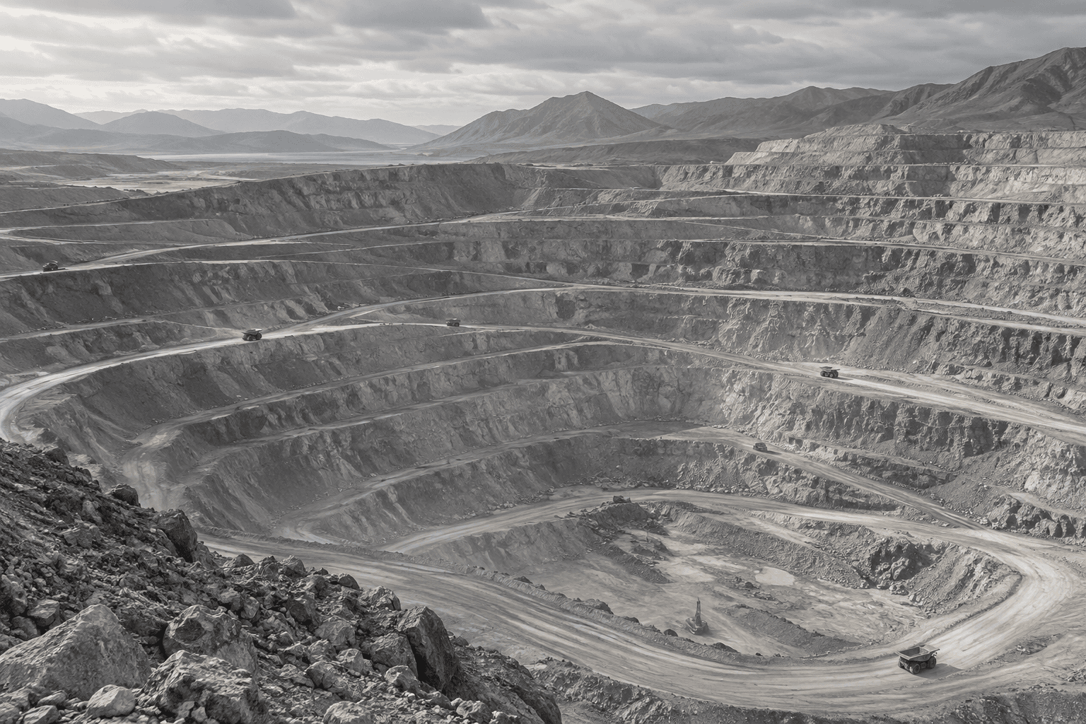 Illustrative aerial view of a terraced open-pit mine with haul roads and mining trucks