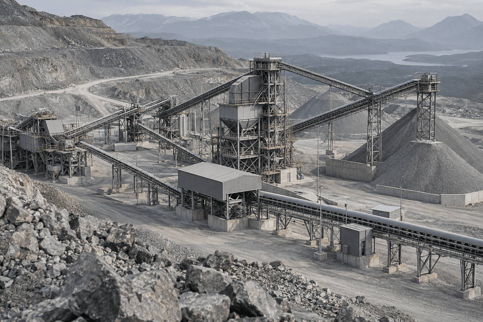 Illustrative mineral processing facility with conveyors, screening structures and mineral stockpiles