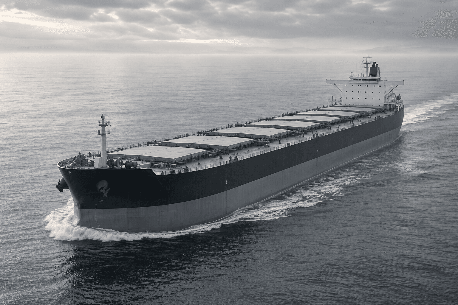 Illustrative grayscale photograph of a bulk cargo vessel at sea